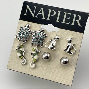 Adorable Napier Animal Stud Earring Set – Turtle, Cat, Seahorse & Silver